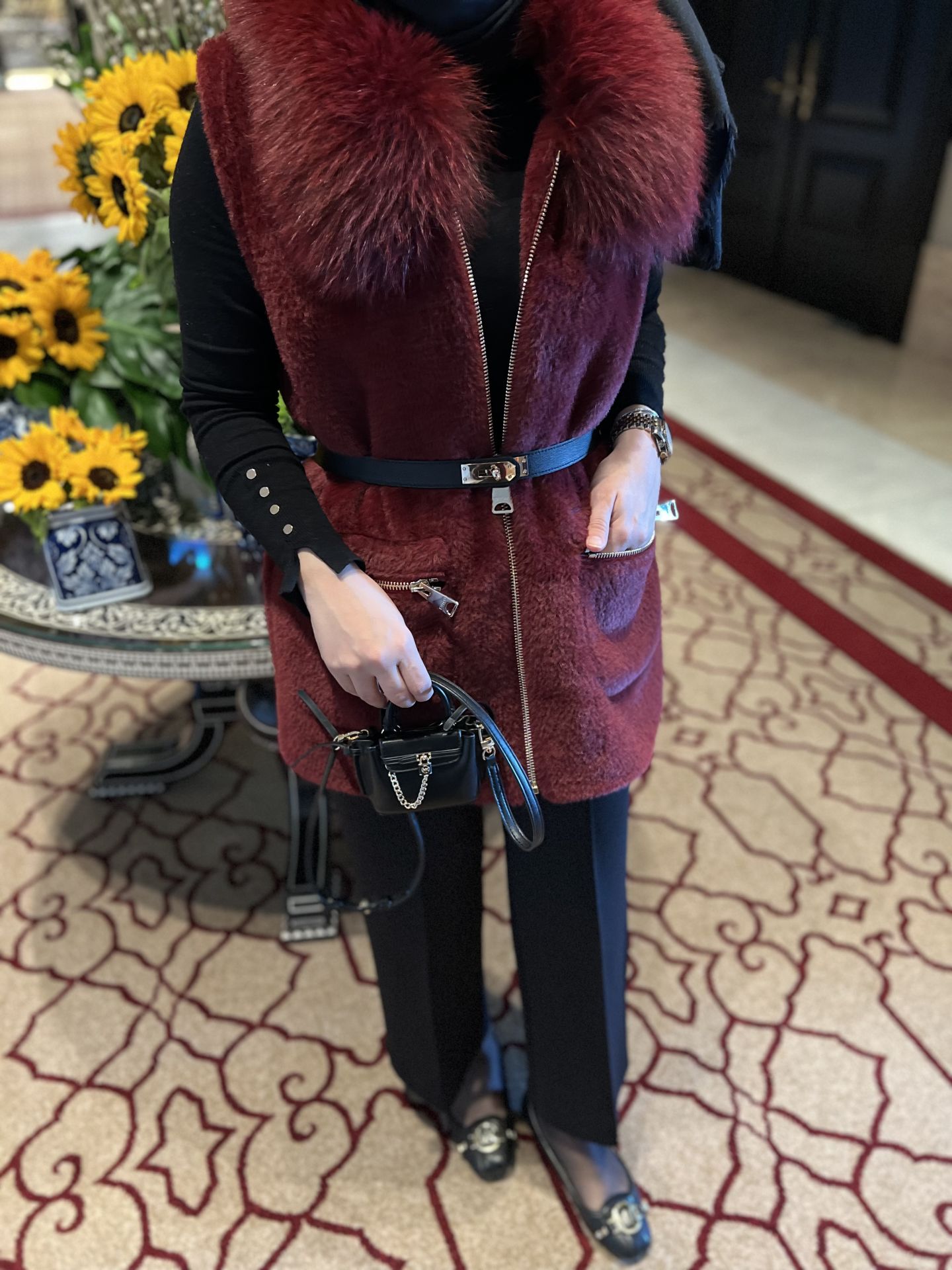 Angora Yakası Kürklü Yelek/ Bordo