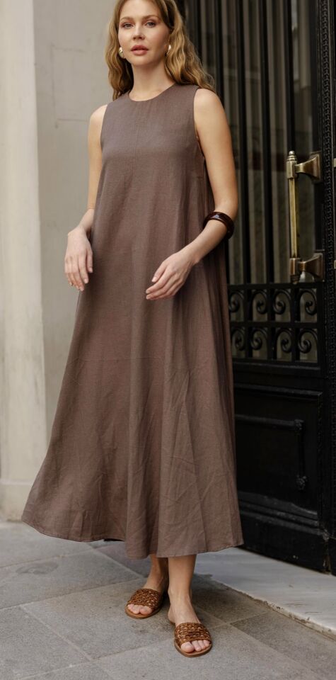 Linen Elbise / Kahverengi