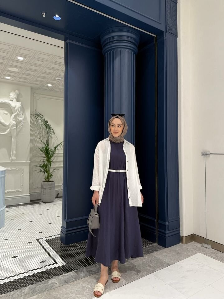 Linen Elbise/ Lacivert