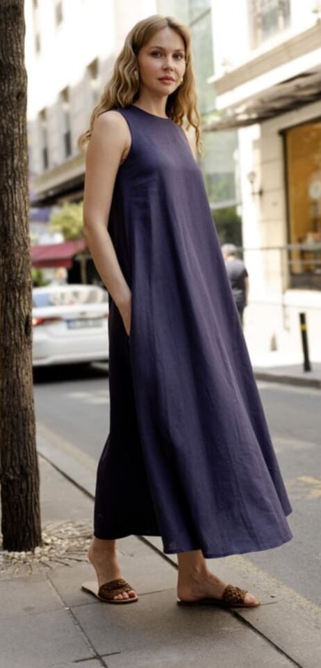 Linen Elbise/ Lacivert