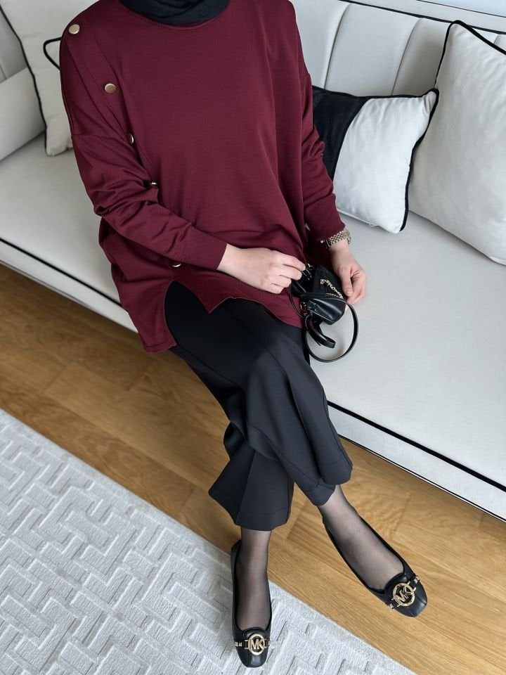 Yandan Düğmeli Merserize Tunik / Bordo