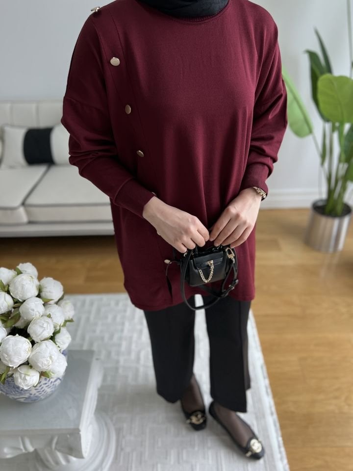 Yandan Düğmeli Merserize Tunik / Bordo