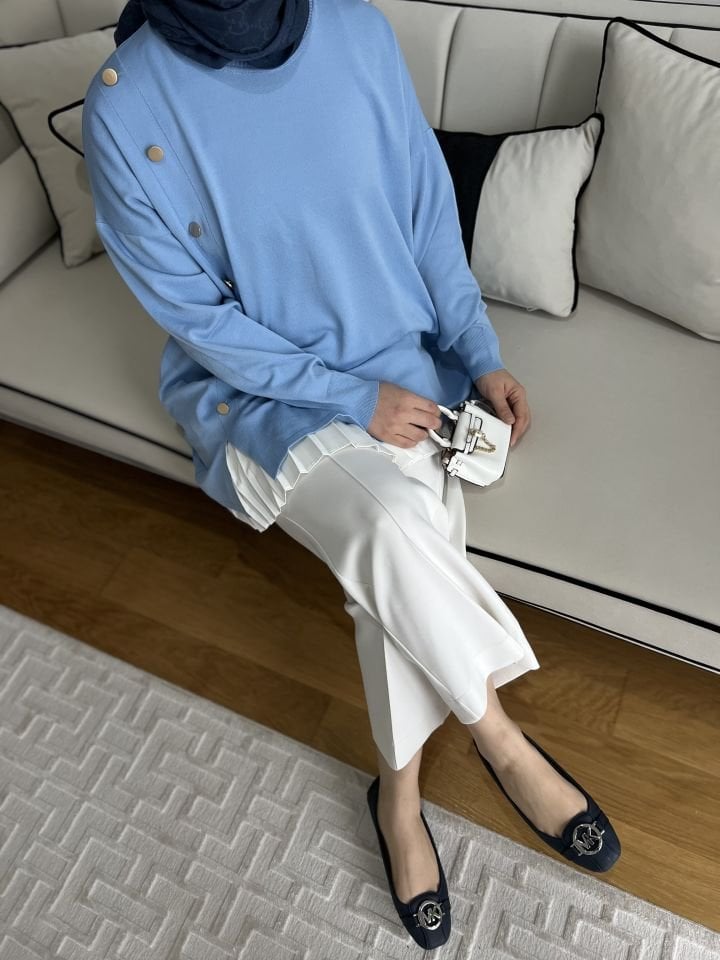 Yandan Düğmeli Merserize Tunik/ Mavi