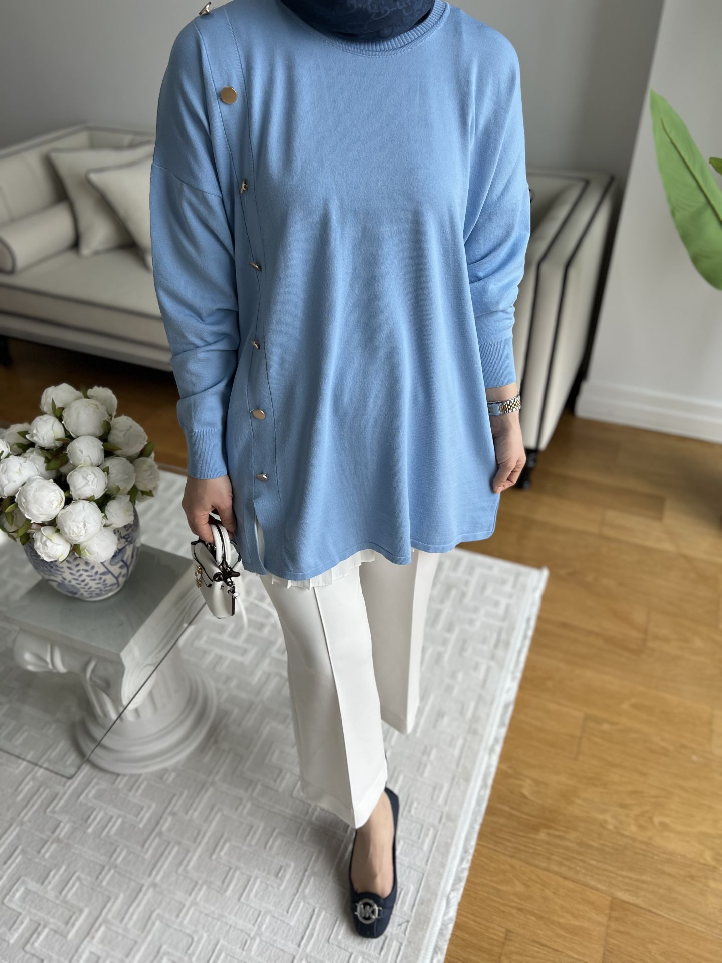 Yandan Düğmeli Merserize Tunik/ Mavi