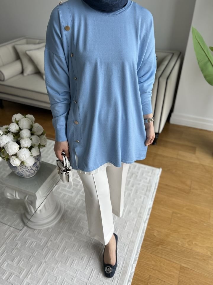 Yandan Düğmeli Merserize Tunik/ Mavi