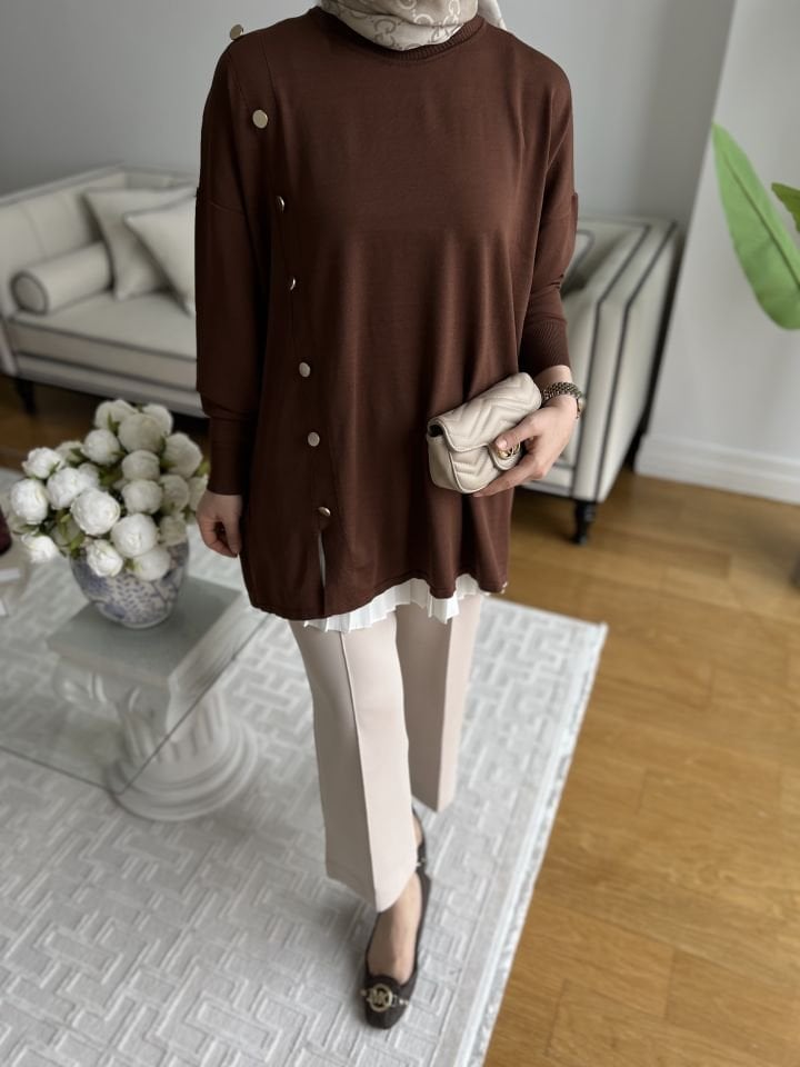 Yandan Düğmeli Merserize Tunik/ Kahverengi