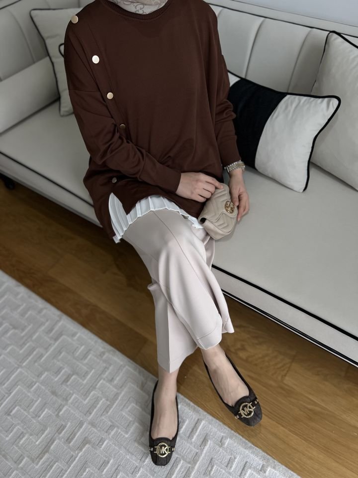 Yandan Düğmeli Merserize Tunik/ Kahverengi