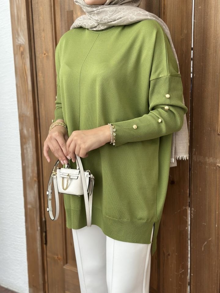 Kolları Düğmeli Kazak/ Yeşil