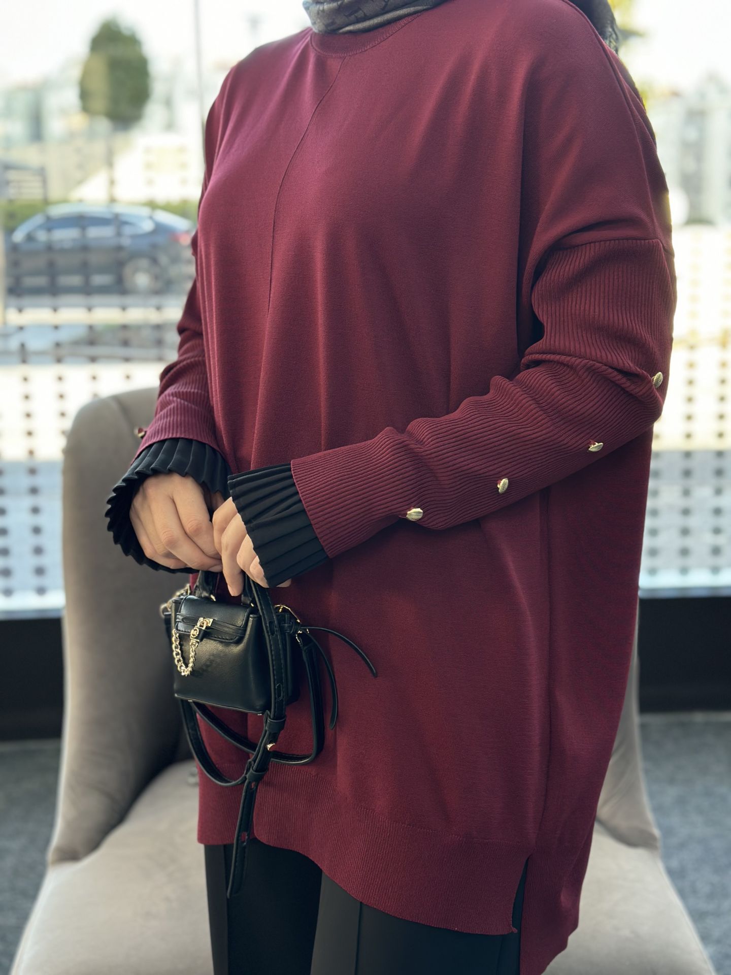 Kolları Düğmeli Kazak Bordo