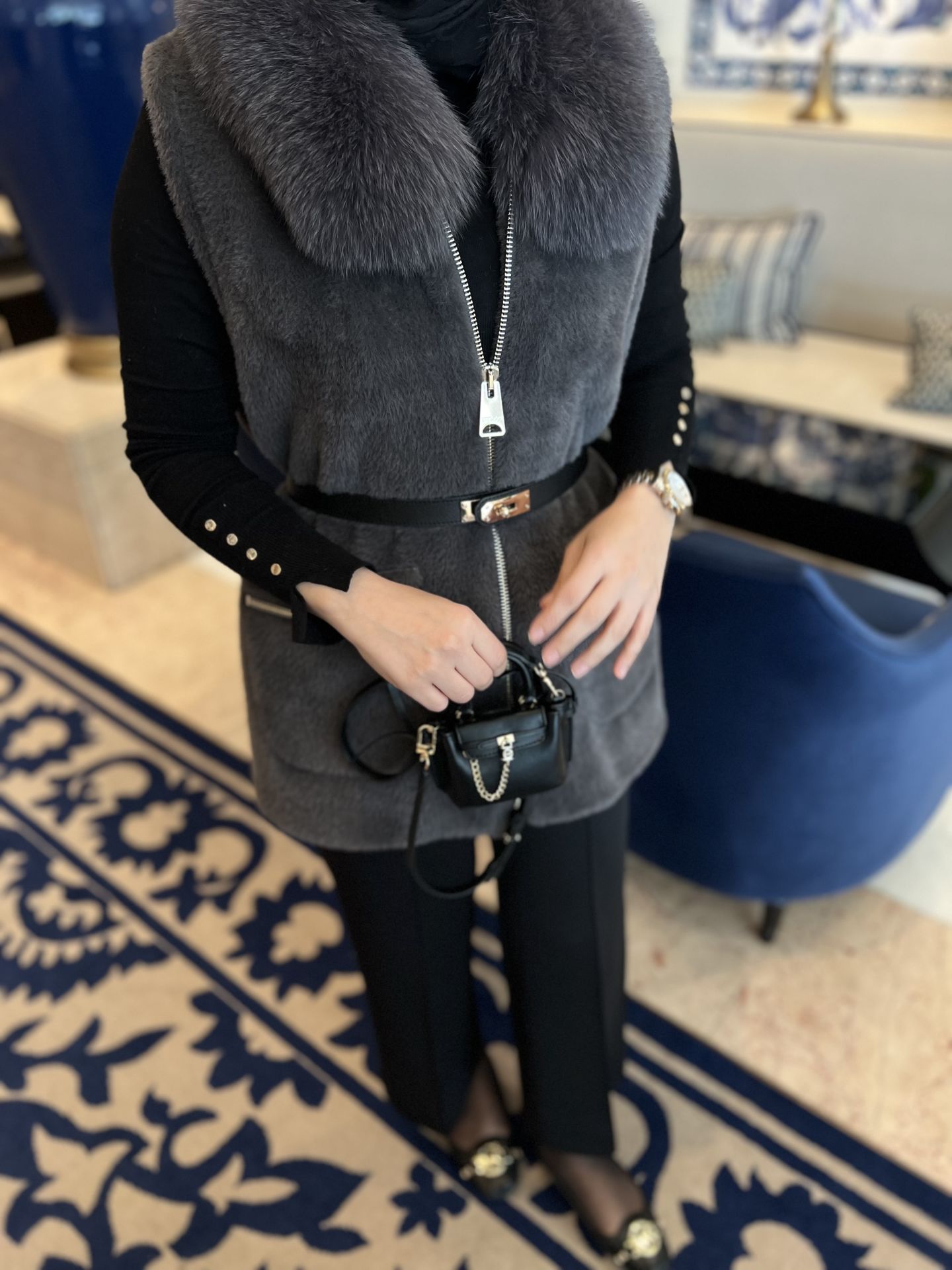 Angora Yakası Kürklü Yelek/ Antrasit