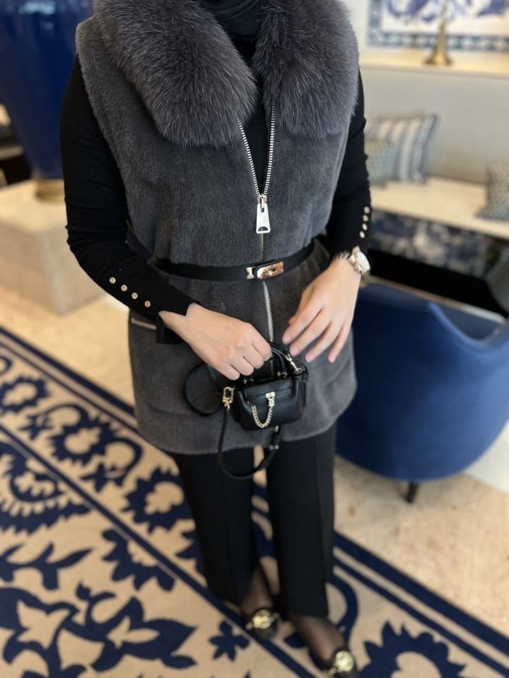 Angora Yakası Kürklü Yelek/ Antrasit