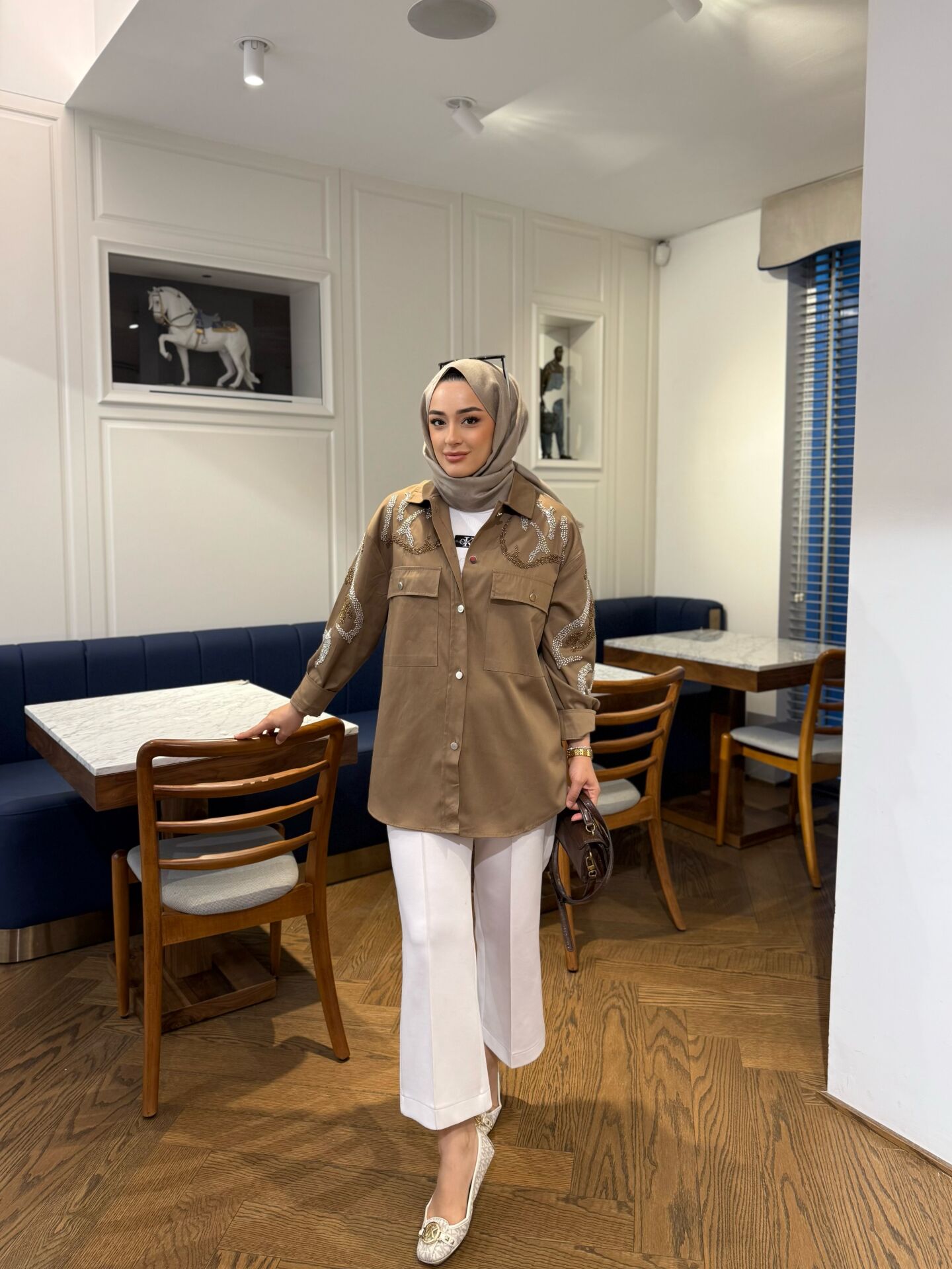 Taşlı İnce Gömlek Ceket/ Camel