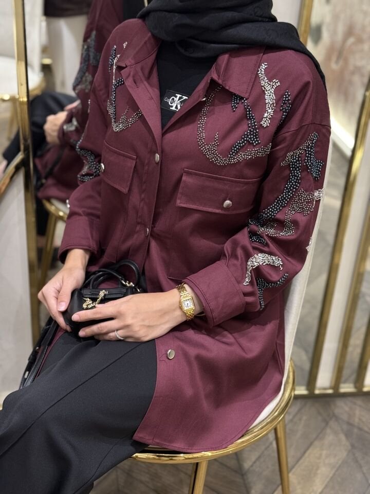 Taşlı İnce Gömlek Ceket / Bordo