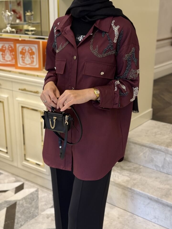 Taşlı İnce Gömlek Ceket / Bordo